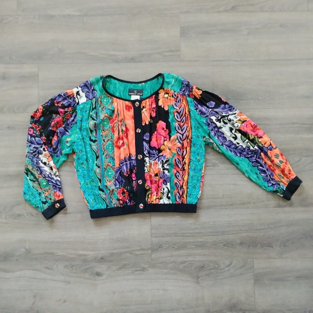 Vintage Carole Little CL Bright Floral Bomber Jacket 1990s Size 12 Made In USA